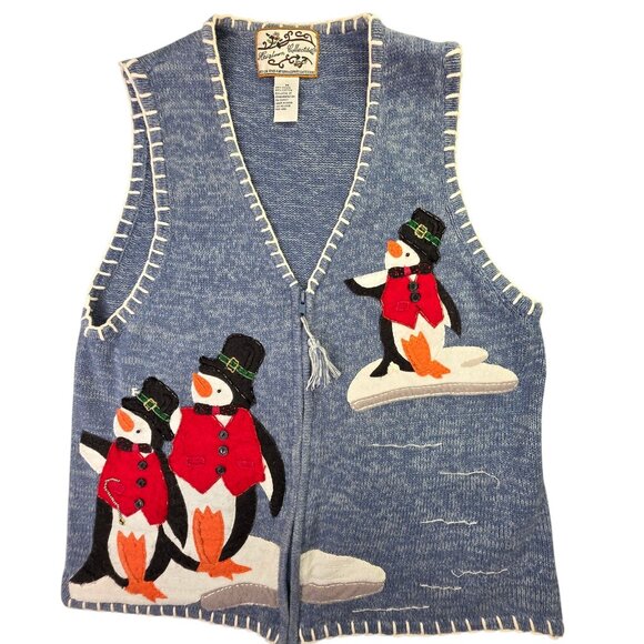 Vintage Heirloom Collectibles Sweater Vest Women M Blue Zip Penguin Ugly Holiday - Picture 1 of 10